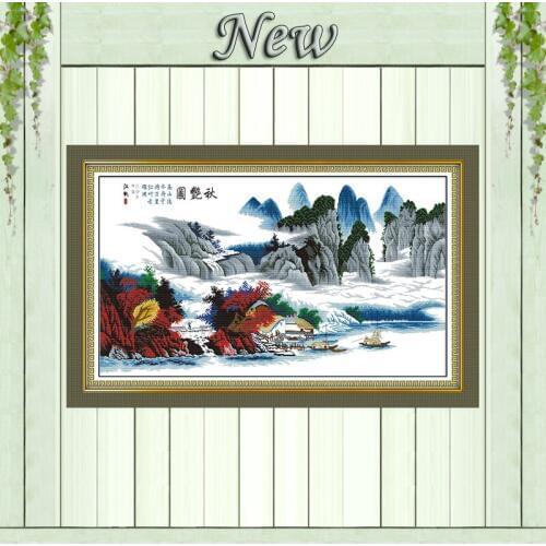 Beautiful autumn picture river Counted printed on fabric Cross Stitch Needlework kits DMC 14CT 11CT DIY Embroidery Sets painting