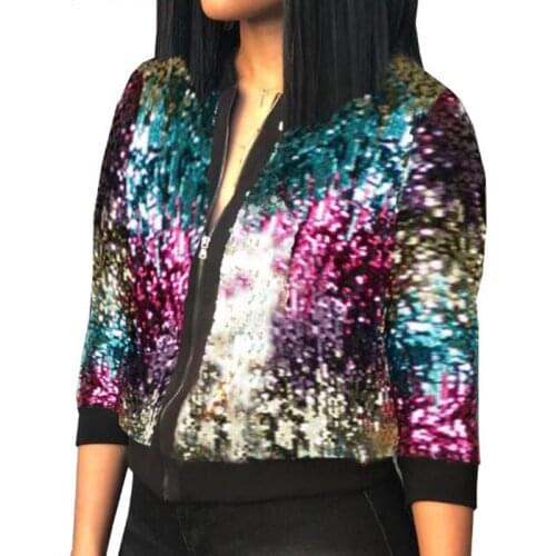Spring autumn shiny sequin bomber jacket zipper slim women casual short coats outwear tops