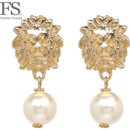 FASHIONSNOOPS Hot Sale Unique Metal Lion Head Drop Earrings Wholesale Simulated Pearl Statement Chic Brincos Fashion Jewelry