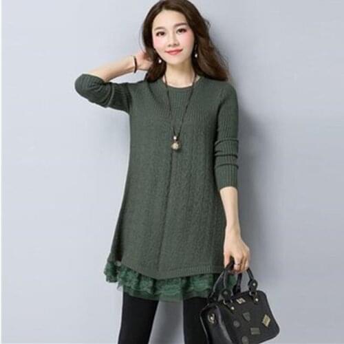Fashion Knitted Sweater Women Plus Size Loose Warm Lace Jumper Dress Casual Pullover Tops Female O Neck Long Sleeve Clothes