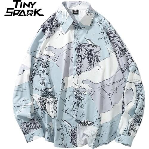 Men Hip Hop Loose Shirt Streetwear Characters Print Hawaiian Shirt Oversized Summer Autumn Harajuku Tops Shirt Long Sleeve Thin