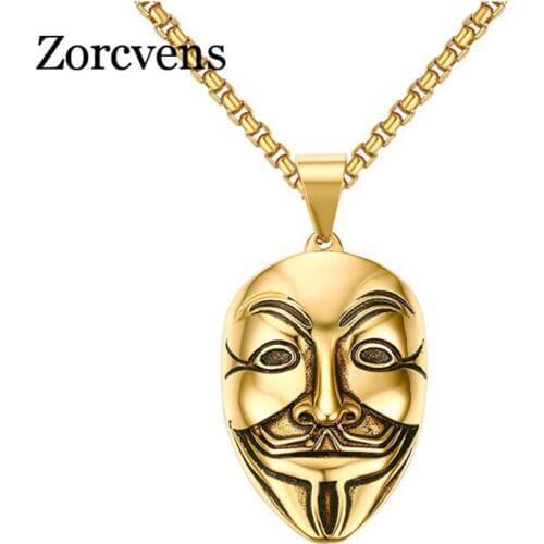ZORCVENS Men Punk Mask Necklace Jewelry Stainless Steel Gold-color Necklaces & Pendants
