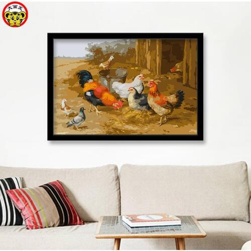 Painting by numbers art paint by number Farm Yard Flock Landscape, Eggs, Hens, home decor Area, Filling Tape, Frame