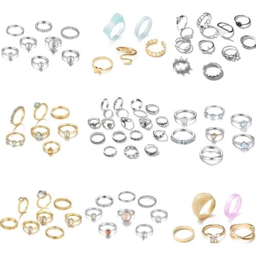 Bohemian Vintage Gold Geometric Square Round Rings Set for Women Black Stone Rings Silver Color Snake Chain Ring Jewelry