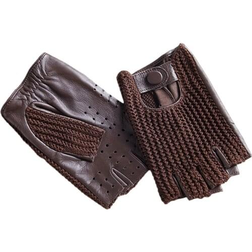 Latest Man Locomotive Half Finger Sheepskin Gloves Knitted + Leather Driving Gloves Male Semi-Finger Fitness Gloves