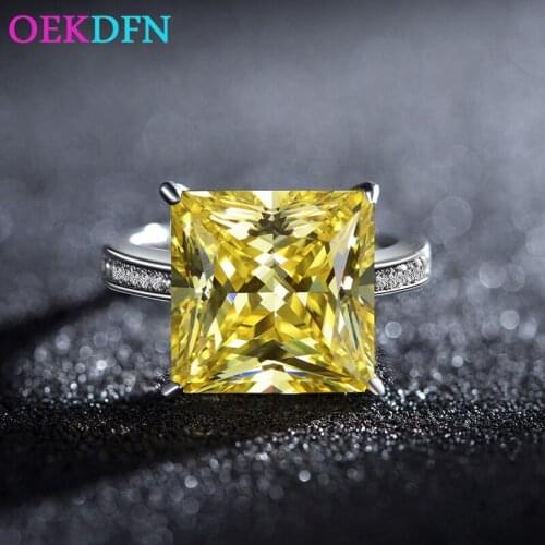 OEKDFN Big Square 12*12mm Zircon 100% S925 Sterling Silver Ring For Women Pink White Yellow Blue Gemstone Wedding Jewelry Rings