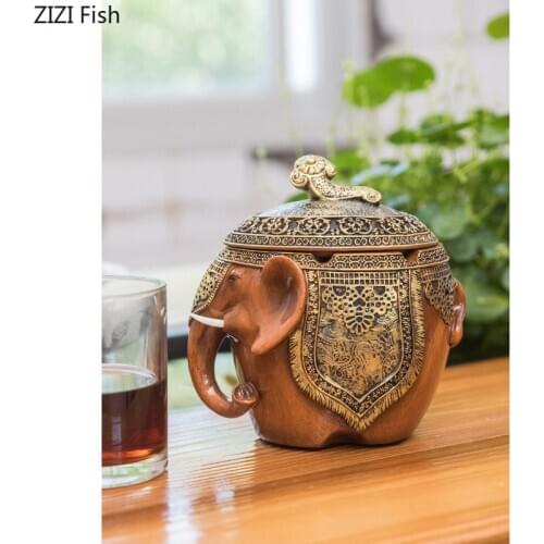 Creative Resin Elephant Ashtray Exquisite Painted Animal Sculptures Living Room Home Furnishings Office Large Ashtray with Lid