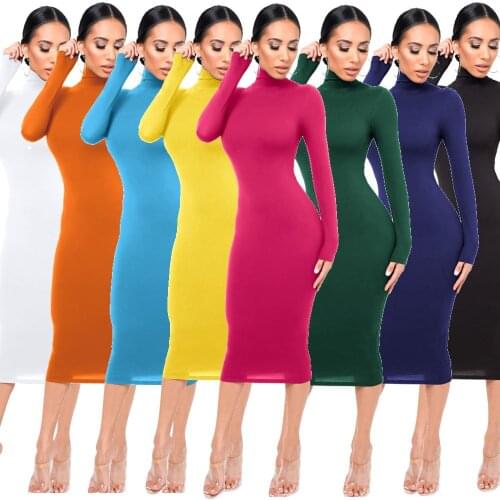 Autumn Winter New Long Sleeve Bodycon Midi Dress Women Solid Color Casual Turtleneck Fleece Thick Package Hip Party Vestidos