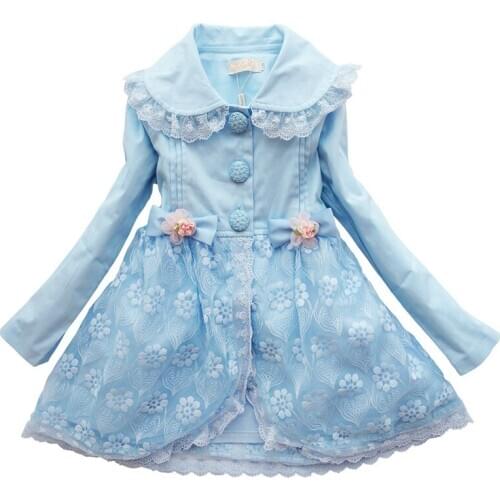 Brand Spring And Autumn Baby Girls Coat Children Retro Princess Overcoat Long Sleeve Lace Floral Bow-Knot Party Clothing 4y-10y