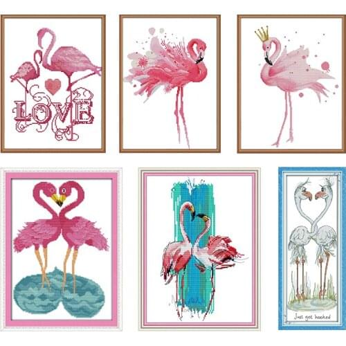Joy Sunday Flamingo Cross Stitch Kits Stamped Embroidery Needlework Printed 11CT 14CT Painting Counted Patterns Crafts Decor Set