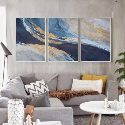 Luxury Abstract Simple Wall Art Home Decoration Nordic Dark Blue Gold Poster Living Room Decor Background Wall Canvas Painting
