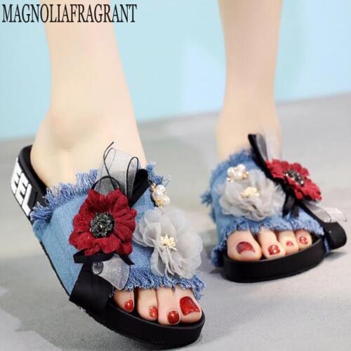 Women Slippers Fashion Summer denim Ladies Casual Slip Flower letter Beach Flip Flops Slides Woman Skid Indoor outdoor Shoes