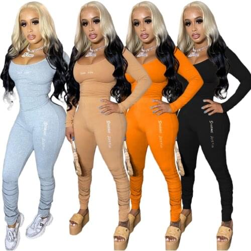 Echoine fall Women Letter embroidery Tracksuits Full Sleeve Top stacked pants Two Piece Set Casual Fitness Outfits Sportswear