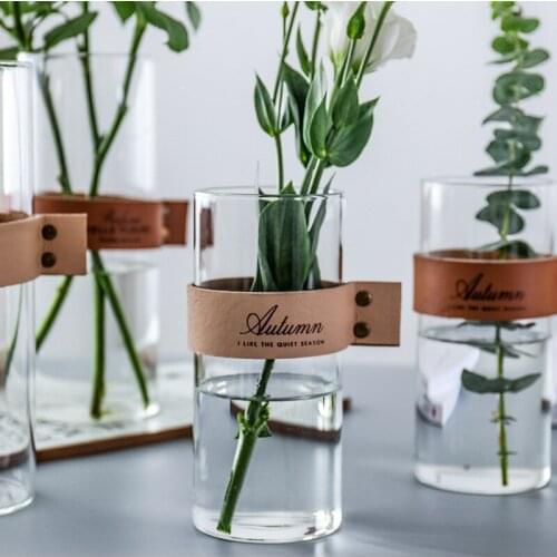 Japanese creative glass hydroponic vase leather flower set ornaments living room dry flower arrangement vase home decoration