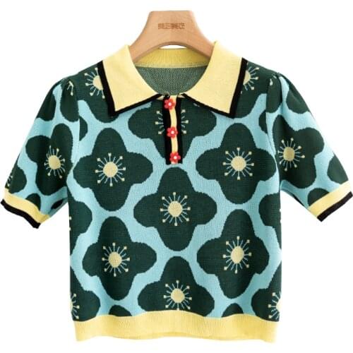 Flower Thin Summer Sweater Women Knitted Pullover Sweet Jacquard Puff Short Sleeve Loose Lapel Short Knitwear Chic Clothes