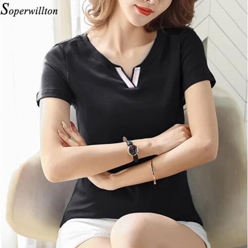 2021 Summer Short Sleeve V neck T-shirt Women Casual Lady Top Tees Cotton Black White T Shirt Female Clothing T Shirt Trendy