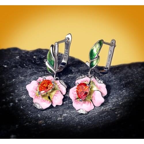 2021 Fashion Luxury 925 Sterling Silver Drop Earrings for Women Pink Peach Blossom Flower Leaf Dangle Earrings Enamel Jewelry