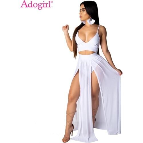 Adogirl 2020 Summer Two Piece Set Dress Spaghetti Straps Crop Top Tank High Slit Chiffon Maxi Skirt with Panties Beach Wear