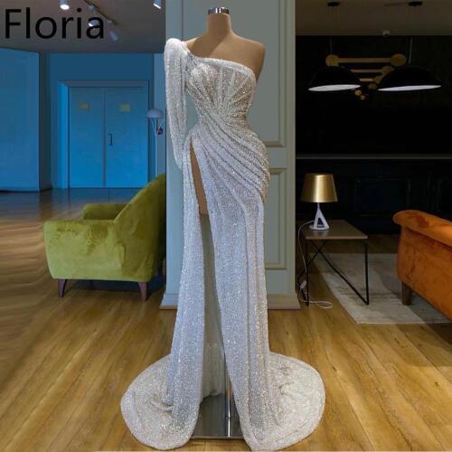 Dubai Style White Glitter Prom Dress Long One Shoulder Muslim Mermaid Evening Party Gowns Celebrity Runaway Red Carpet Dress