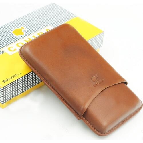 COHIBA Brown Leather Holder 4 Tube Travel Cigar Case Humidor Gift Box