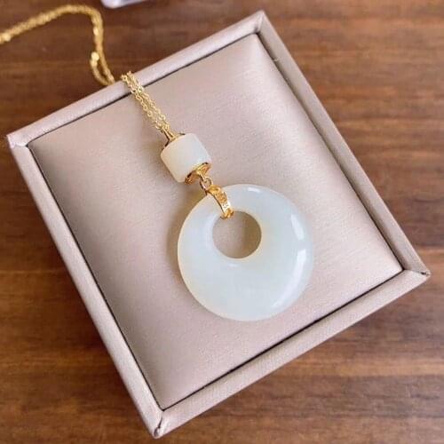 Natural Hetian Jade White Jade Peace Buckle S925 Sterling Silver Natural Jade Necklace Jade Pendant Clavicle Chain Jewelry Women