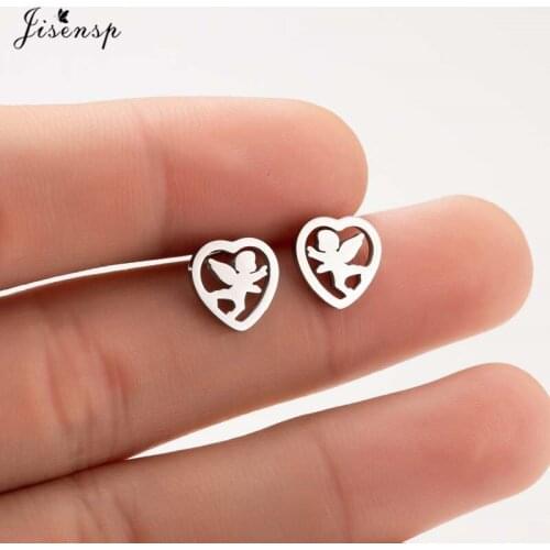 Jisensp Romantic Cute Angel Stud Earrings Simple Fashion Heart Shape Cupid Earring for Women Girls Valentines day Gift