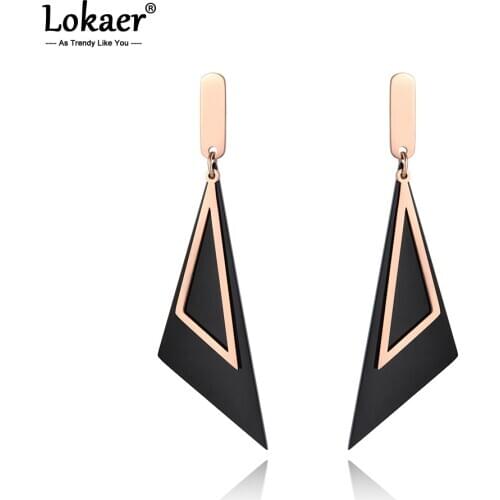 Lokaer Trendy Black Oblique Triangular Geometric Pattern Drop Earrings Female Stainless Steel Dangle Earrings For Women E19209