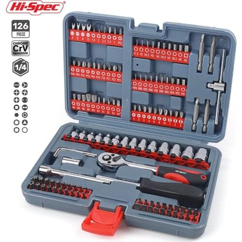 Hi-Spec 126pc Mechanics Car HandTool Set Ratchet Wrench Socket Set for Auto Motorcycle Repair with Plastic Toolbox Storage Case