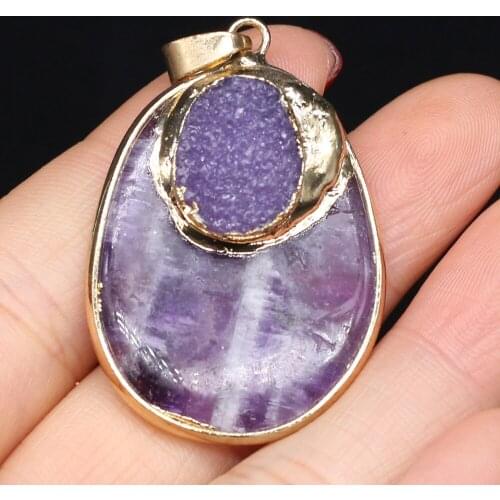 Natural Stone Pendant Oval Amethysts For Jewelry Making Charms DIY Women Necklace Bracelet Anklet Accessory 28 x 38 MM