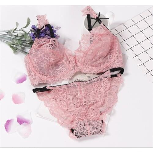 Lingerie underwear women set reggiseno trasparente bra and panty set soutien gorge transparent pink lace set