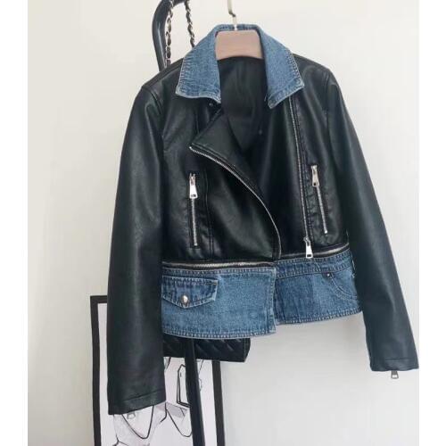Autumn Short Removable hem Denim stitching Faux leather jacket Women Slim Zip Motorcycle Leather jacket Ropa de mujer Streetwear