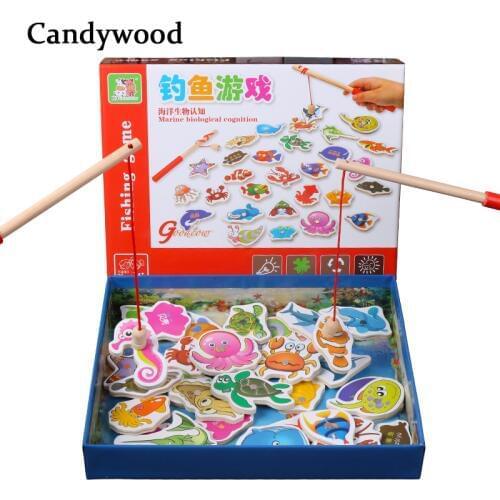 Candywood Kids Fishing Toys 32Pcs Fish Wooden Magnetic Fishing Toy Set Magnet Game Children Educational toys for Boy