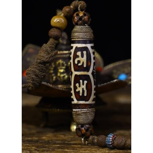 Tibet temple collection Old Natural agate Filigree mosaic Gem Dzi Bead Nine Eyes Pendant amulet Town House Ward off evil spirits