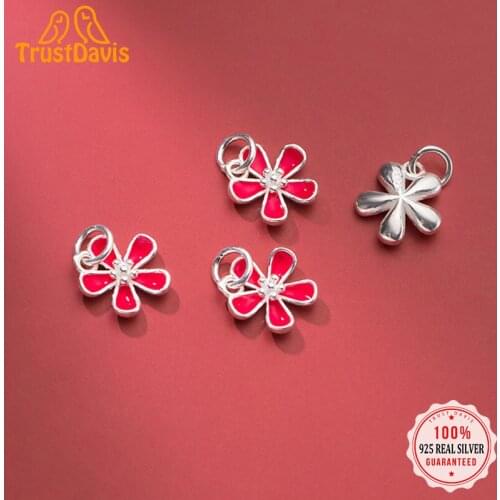 TrustDavis 2021 Real 925 Sterling Silver Fashion Sweet Red Glaze Flower Charm Pendant Handmade DIY Accessories Wholesale DZ64