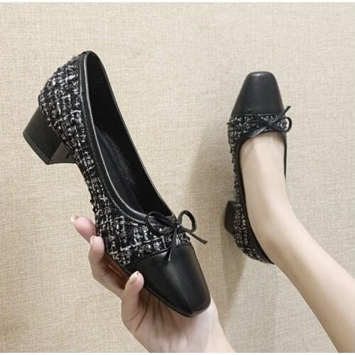 Shoes Woman Basic Pumps 2021 Two Color Splicing Classic Bow Ballet Work Shoe Large Size Tweed Low Heels Fashion Women Shoes Pump