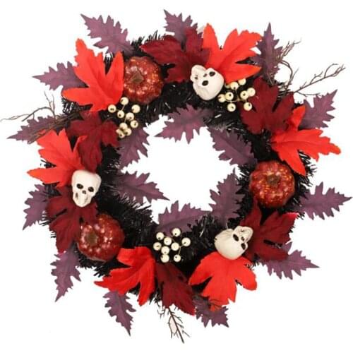 Halloween Wreath Door Hanging Wreath Maple Leaf Garland Pumpkin Pendant with Skull Wall Hanging Home Decoration