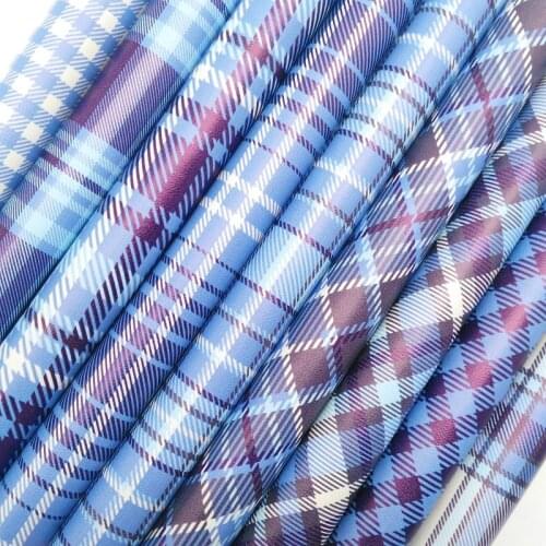 Twinkling Twinkling Blue Tartan Plaids Check Printed Vinyl Synthetic Faux Leather Fabric Felt Backing for Earrings 21X29CM KM577