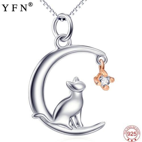 YFN Necklace Women 925 Sterling Silver Jewelry Animal Cute Cat&Moon Pendant Necklaces Silver Chain best Friend Mothers Day Gift