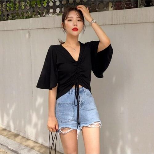 2021 design sense loose show thin draw rope V collar short-sleeved T-shirt womens short-sleeved top