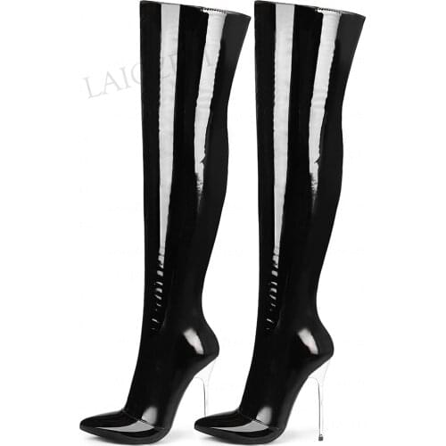 LAIGZEM Stretchy Women Over Knee High Boots 12.5CM Metal Stiletto High Heels Boots Shiny Side Zip Up Zapatos Big Size 39 42 43