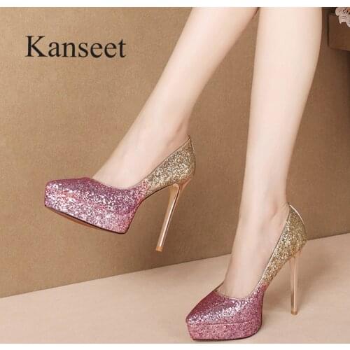 Kanseet Womens Shoes Autumn New Wedding Party Dress Glitter Elegant Handmade Shallow Thin High Heels Women Shoes Large Size 40