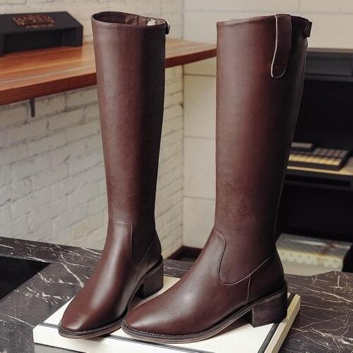 Womens High Boots Fashion Genuine Leather Zip Women Boots Pointed Toe Thick Heel Knee-High Cowboy Boots for Women Women Shoes