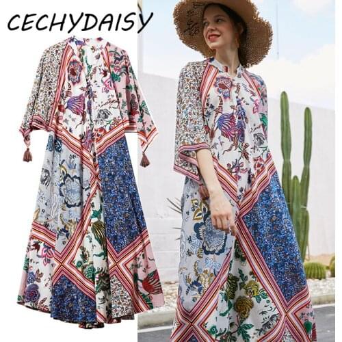 Runway Dress 2021 Women Clothes Floral Printed V-Neck High Street Chiffon Traf Long Loose Casual Vacation Y2k Beach Maxi Dresses