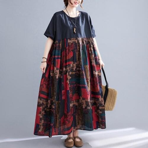 Plus Size Loose Dress 2021 New Cotton Linen Women Summer Travel Casual Dress Patchwork Print Pattern Fashion Tie Dye Dress
