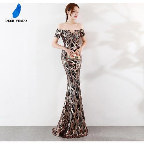 DEERVEADO Sexy Boat Neck Sequin Formal Evening Dress Long Mermaid Occasion Party Dresses Robe De Soiree K1371