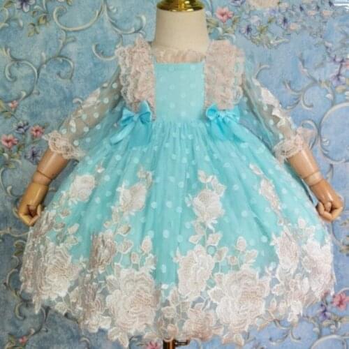 Heavy work summer vintage Spanish lolita princess dress kids lace stitching three quarter sleeve birthday party ball gown dress
