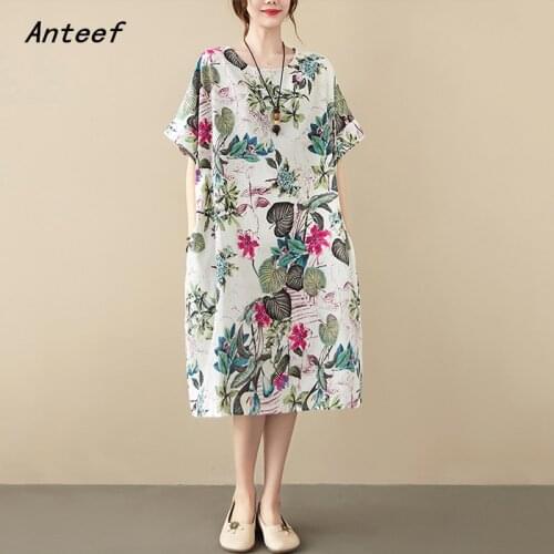 Short sleeve plus size cotton vintage floral dresses for women casual loose long woman summer dress elegant clothes 2021