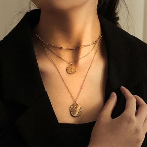 ZV 3pcs/set Trendy Evil Eye Necklace Gold Color Chain Geometric Charm for Women Statement Coin Pendant Female Choker Party