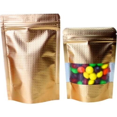 100Pcs/Lot Gold with Window Stand Up Aluminum Foil Lines Ziplock Self Seal Food Storage Doypack Coffee Tea Snack Party Pouch Bag