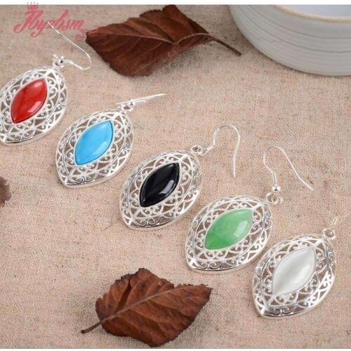 10x18mm Oval Gem Stone Beads White Tibetan Silver For Lady Party Dangle Hook Trendy Fashion Style Earring 1 Pair,Free Shipping